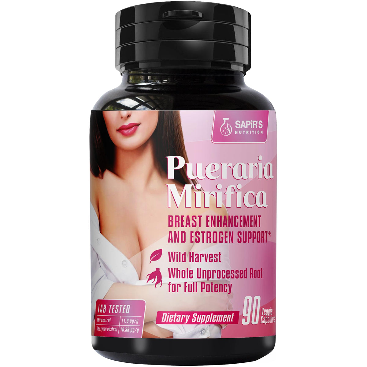 Sapir's Nutrition pueraria-mirifica capsules bottle front for daily estrogen balance support.