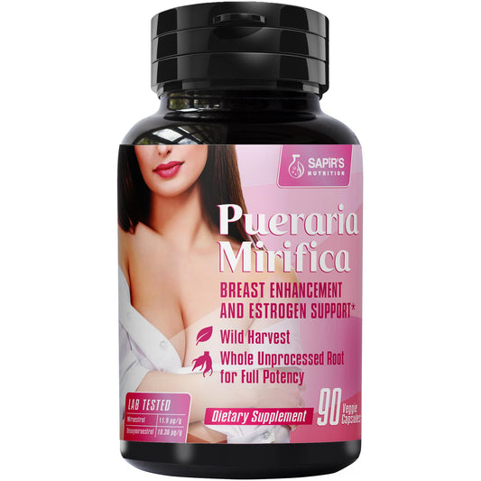 Sapir's Nutrition pueraria-mirifica capsules bottle front for daily estrogen balance support.