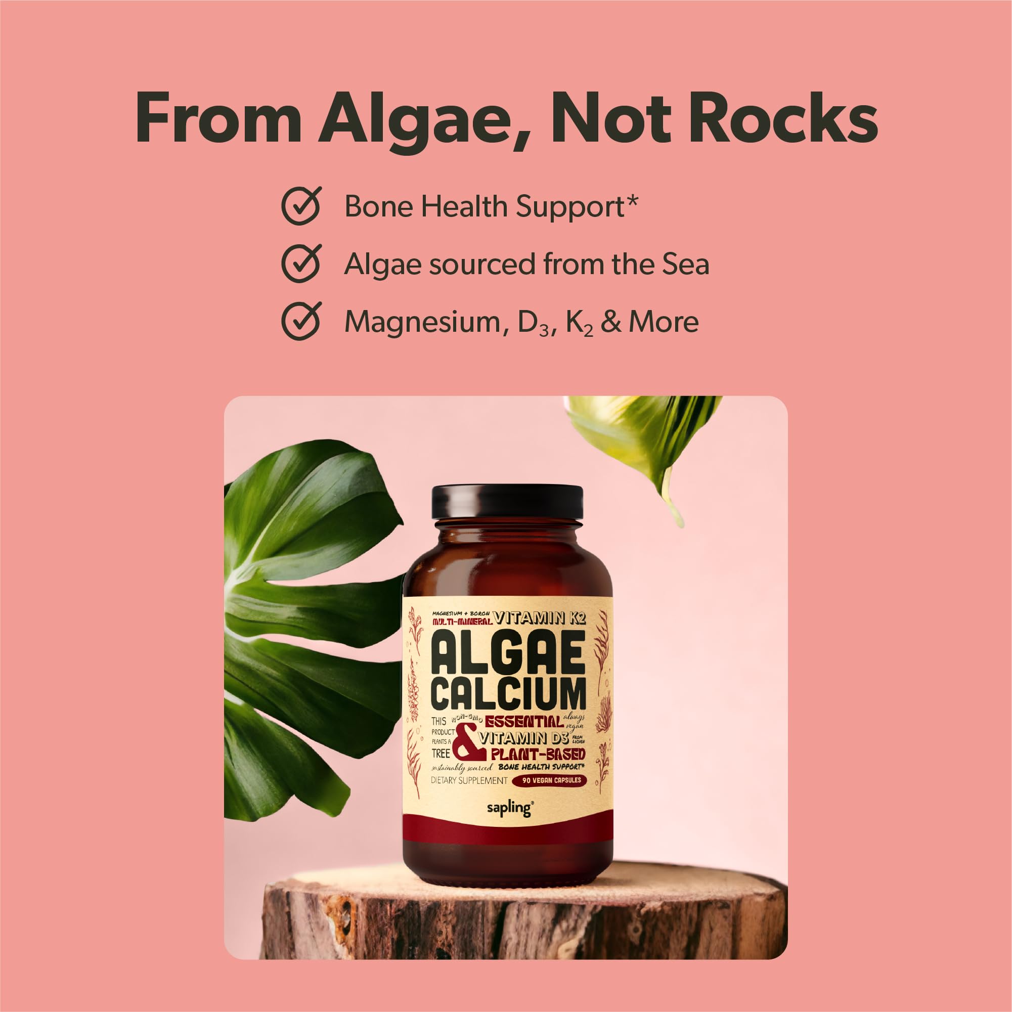 Packaging image highlighting vegan, non-GMO, gluten-free Sapling Calcium