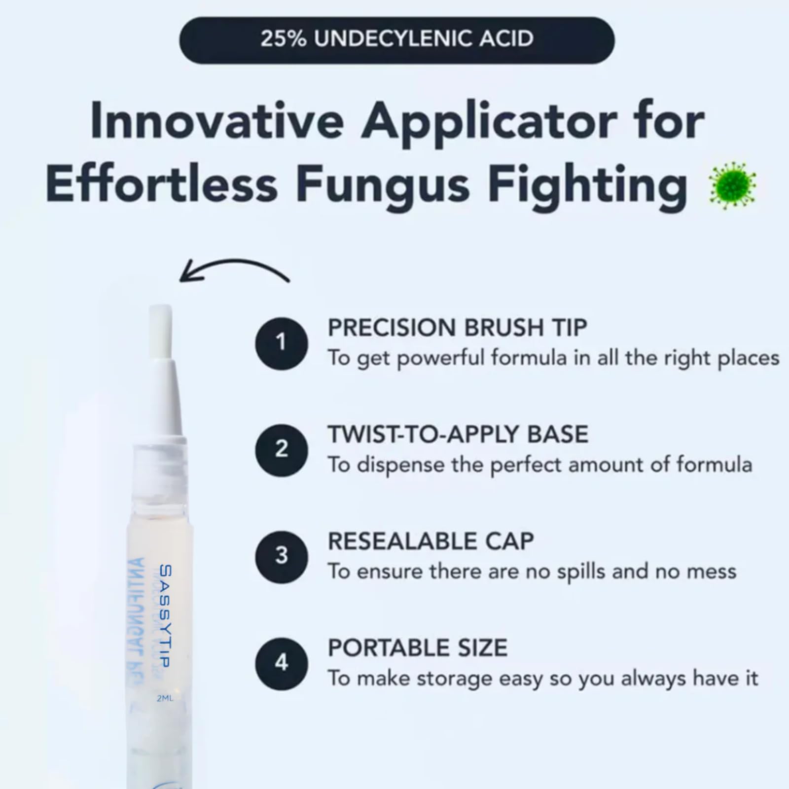 SASSYTIP Fungal Nail Pen applicator demonstrates twist-and-apply precision for targeted care.