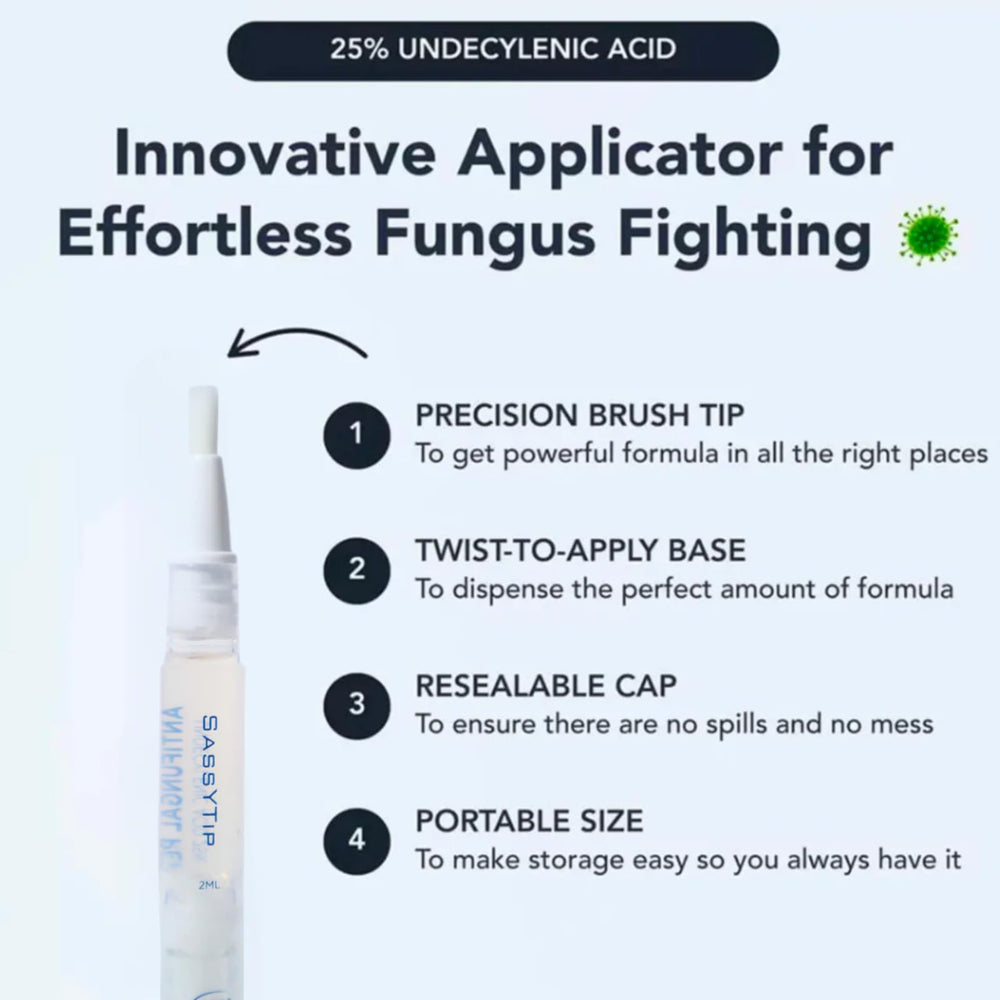 SASSYTIP Fungal Nail Pen applicator demonstrates twist-and-apply precision for targeted care.