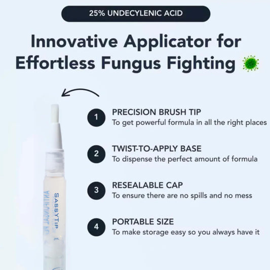 SASSYTIP Fungal Nail Pen applicator demonstrates twist-and-apply precision for targeted care.