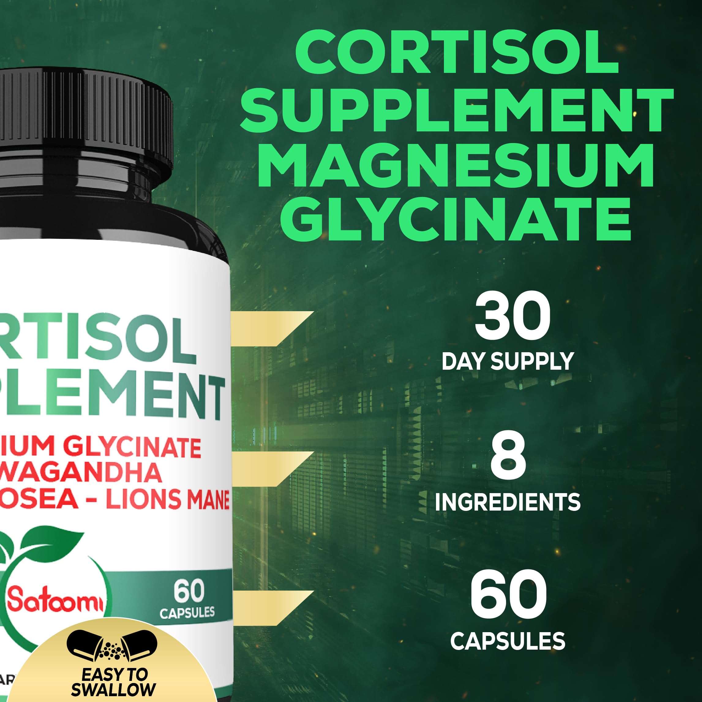 Cortisol Reducer ingredients list - Magnesium Glycinate, Ashwagandha, Rhodiola Rosea