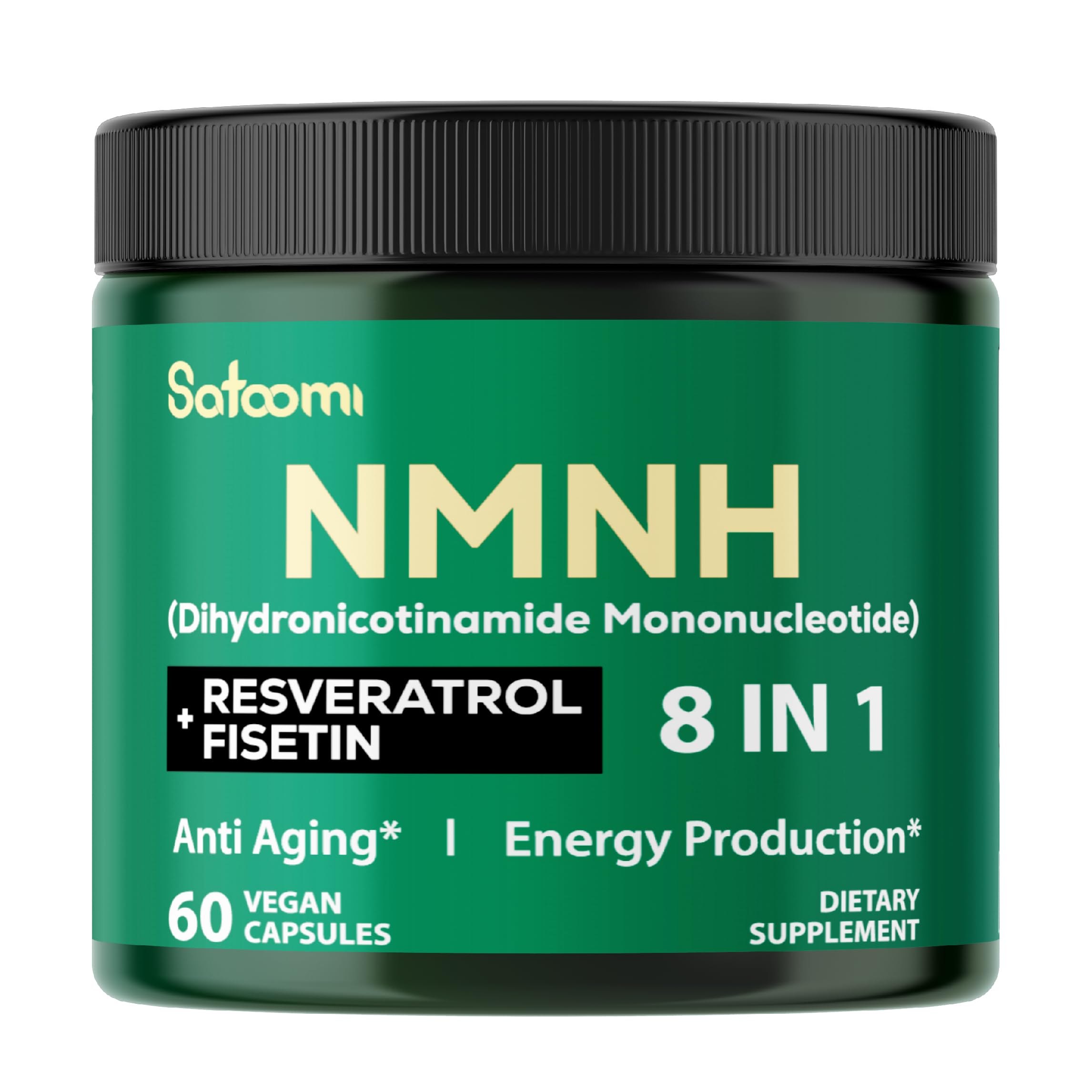 Bottle of Satoomi 8in1 NMNH NMN supplement showing 60 capsules