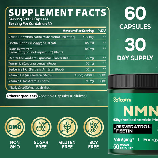 Close-up of NMNH formula ingredients including NMNH, Fisetin and Resveratrol