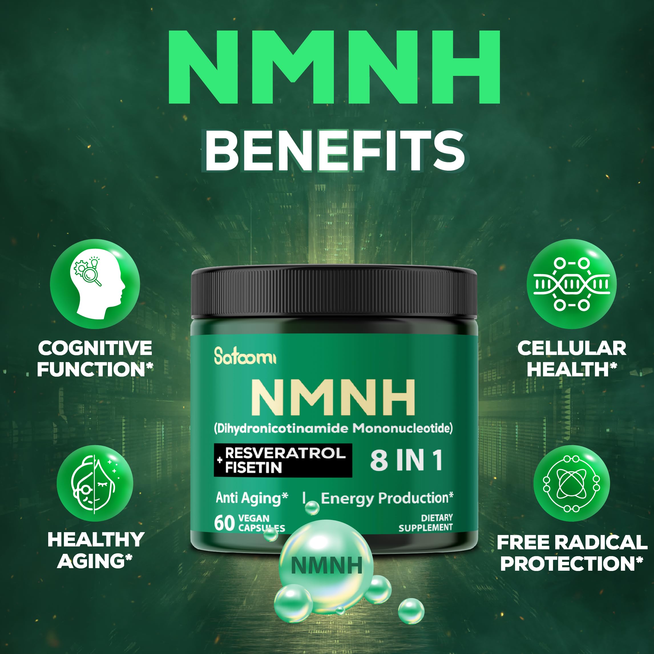 Supplement bottle with label highlighting non-GMO and vegan