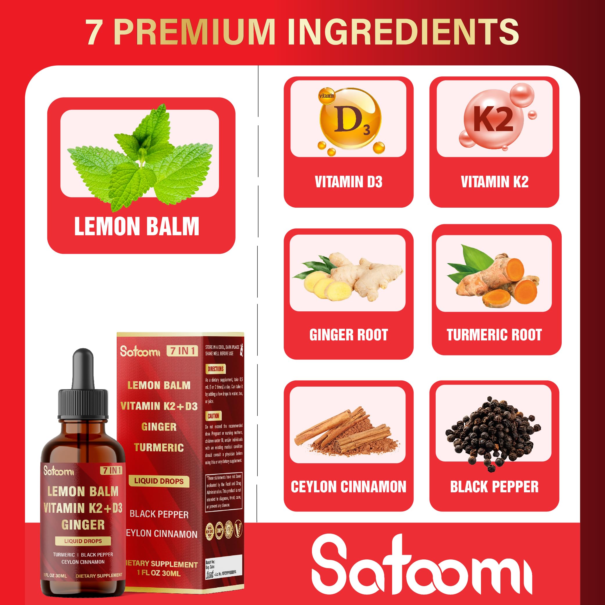 Ingredients shown: lemon balm, vitamin D3, vitamin K2, ginger, turmeric, cinnamon and black pepper