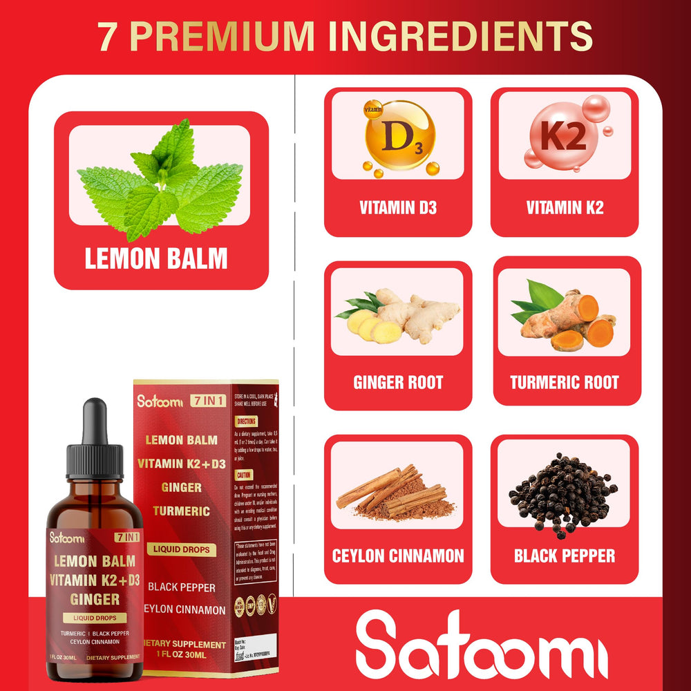 Ingredients shown: lemon balm, vitamin D3, vitamin K2, ginger, turmeric, cinnamon and black pepper