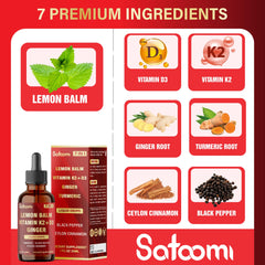 Ingredients shown: lemon balm, vitamin D3, vitamin K2, ginger, turmeric, cinnamon and black pepper