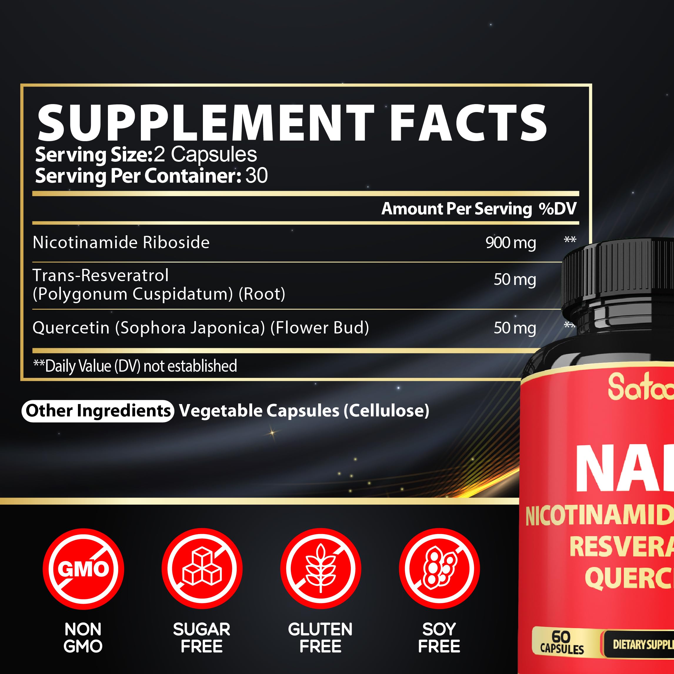 Back label of Satoomi NAD Supplement bottle