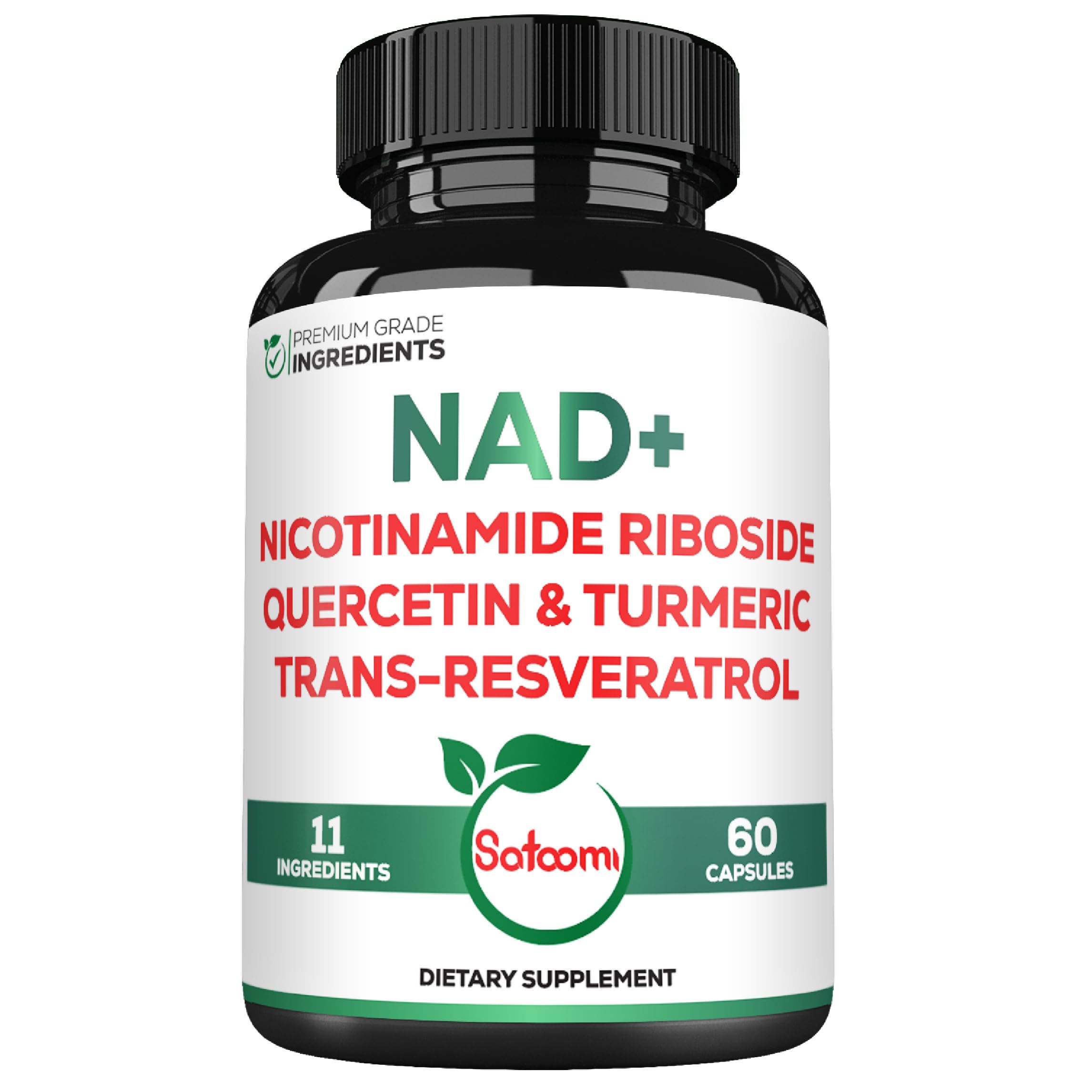 Satoomi NAD Supplement for Women bottle label - 60 capsules, 900mg NR + Resveratrol