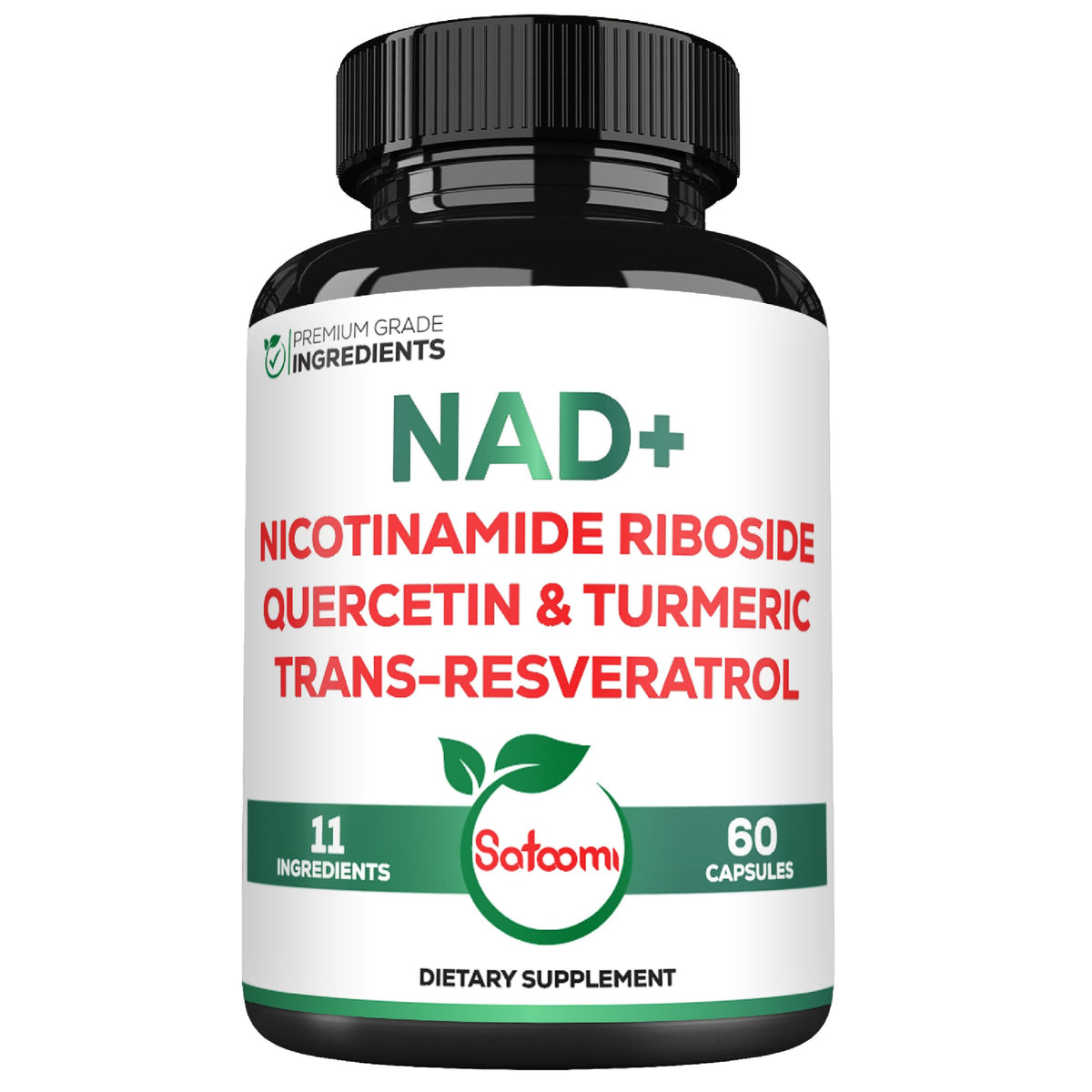 Satoomi NAD Supplement for Women bottle label - 60 capsules, 900mg NR + Resveratrol