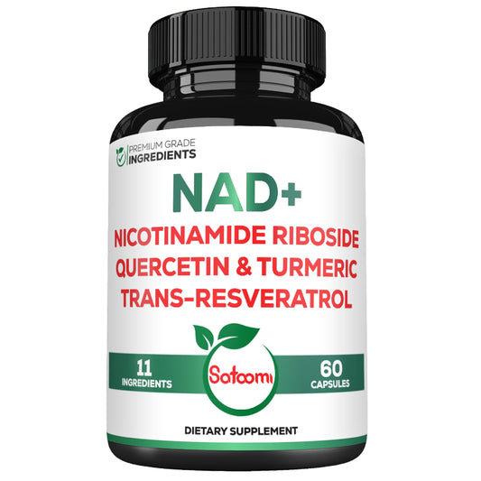 Satoomi NAD Supplement for Women bottle label - 60 capsules, 900mg NR + Resveratrol