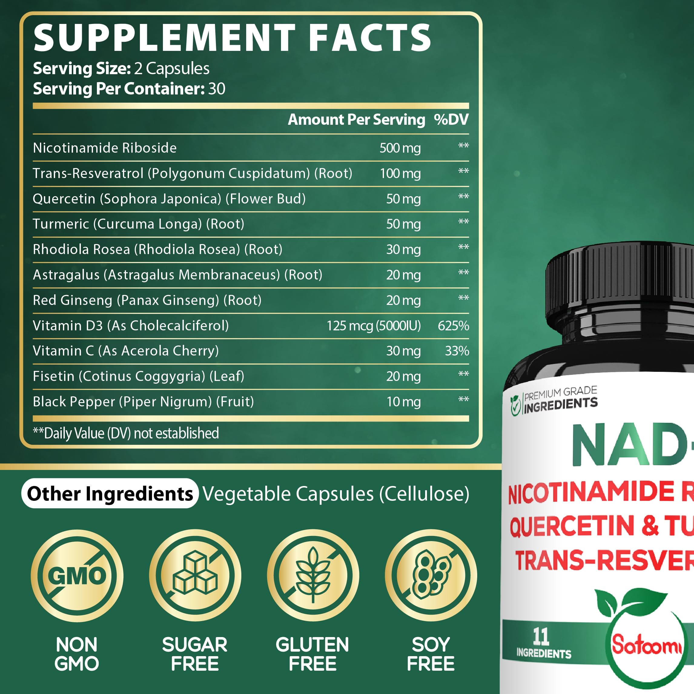 NAD supplement ingredients list: NR, Trans-Resveratrol, Quercetin, Turmeric Curcumin, Rhodiola, Astragalus, Ginseng, Vitamin D3, Vitamin C, Fisetin, Black Pepper
