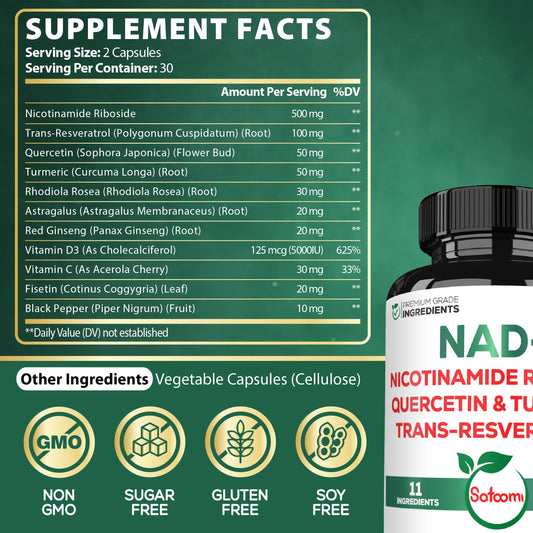 NAD supplement ingredients list: NR, Trans-Resveratrol, Quercetin, Turmeric Curcumin, Rhodiola, Astragalus, Ginseng, Vitamin D3, Vitamin C, Fisetin, Black Pepper