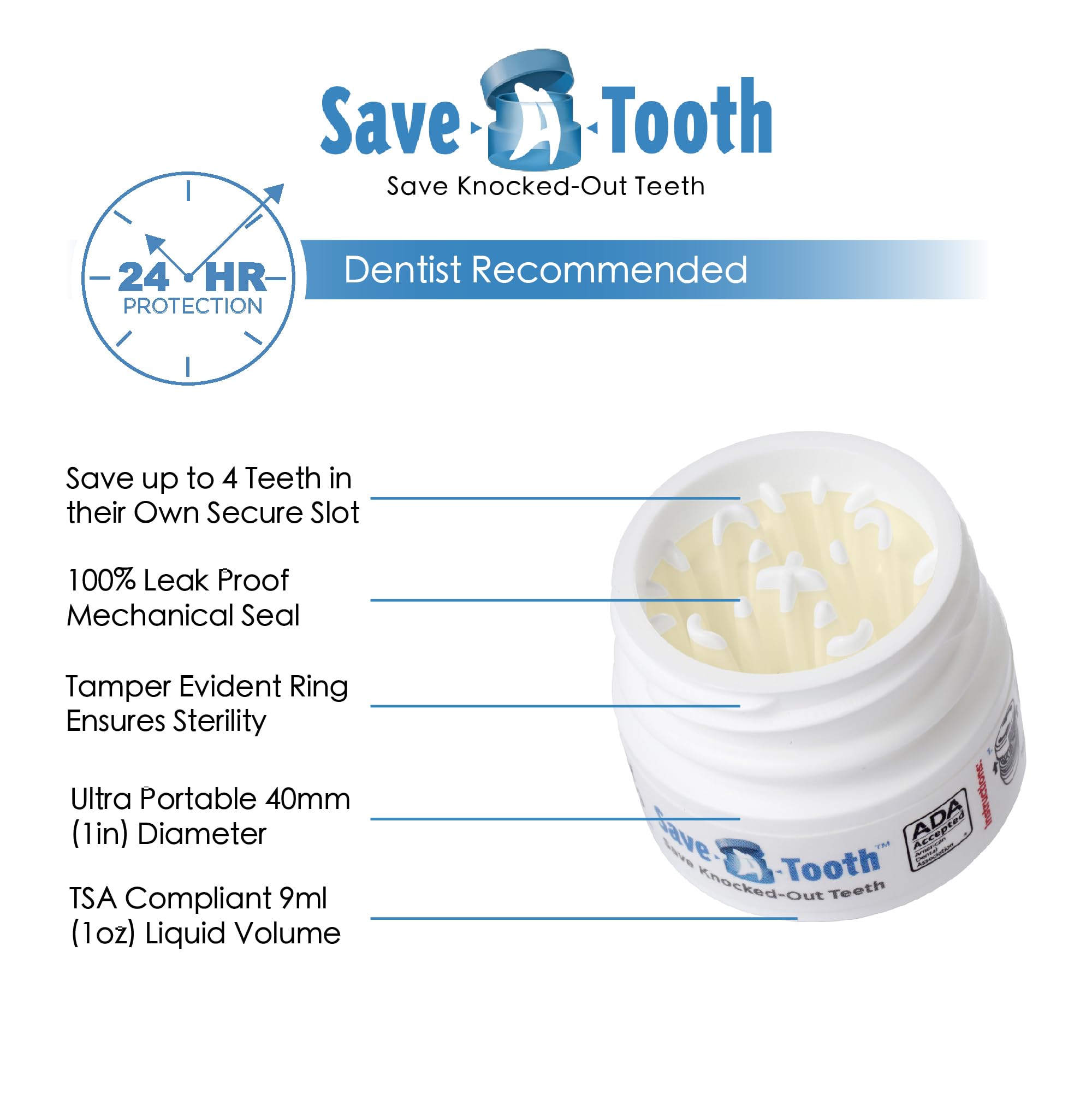 Open kit showing four secure tooth slots