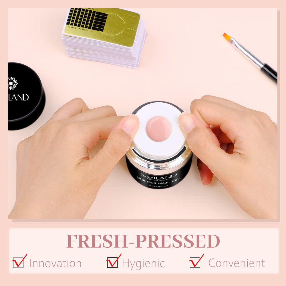 Saviland nude pink builder gel 30ml bottle for long-lasting nails.
