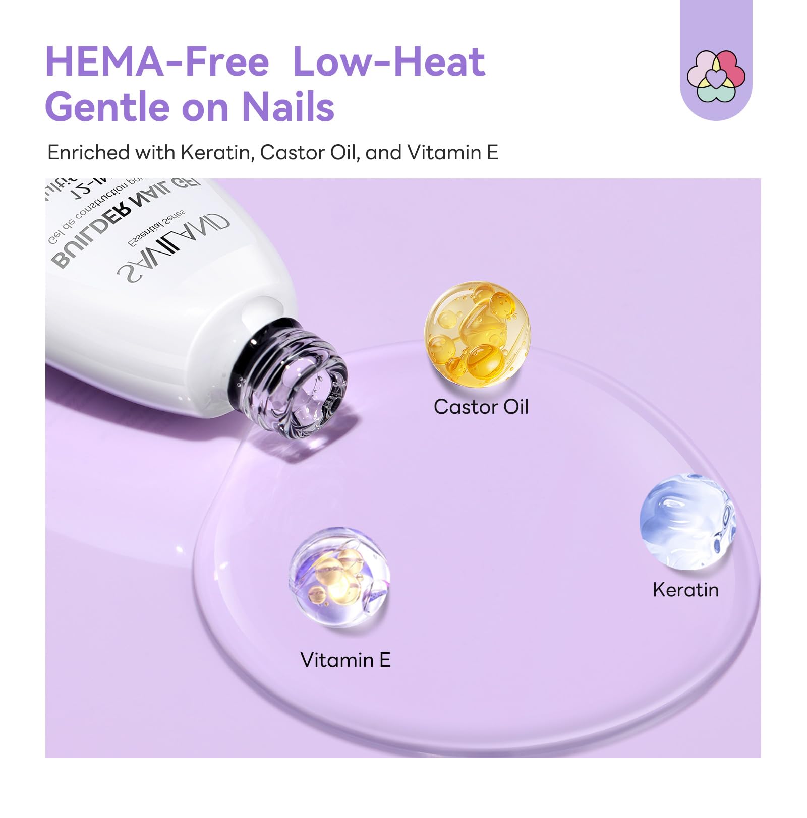 Saviland bottle highlights HEMA-free formula with keratin and vitamin E.