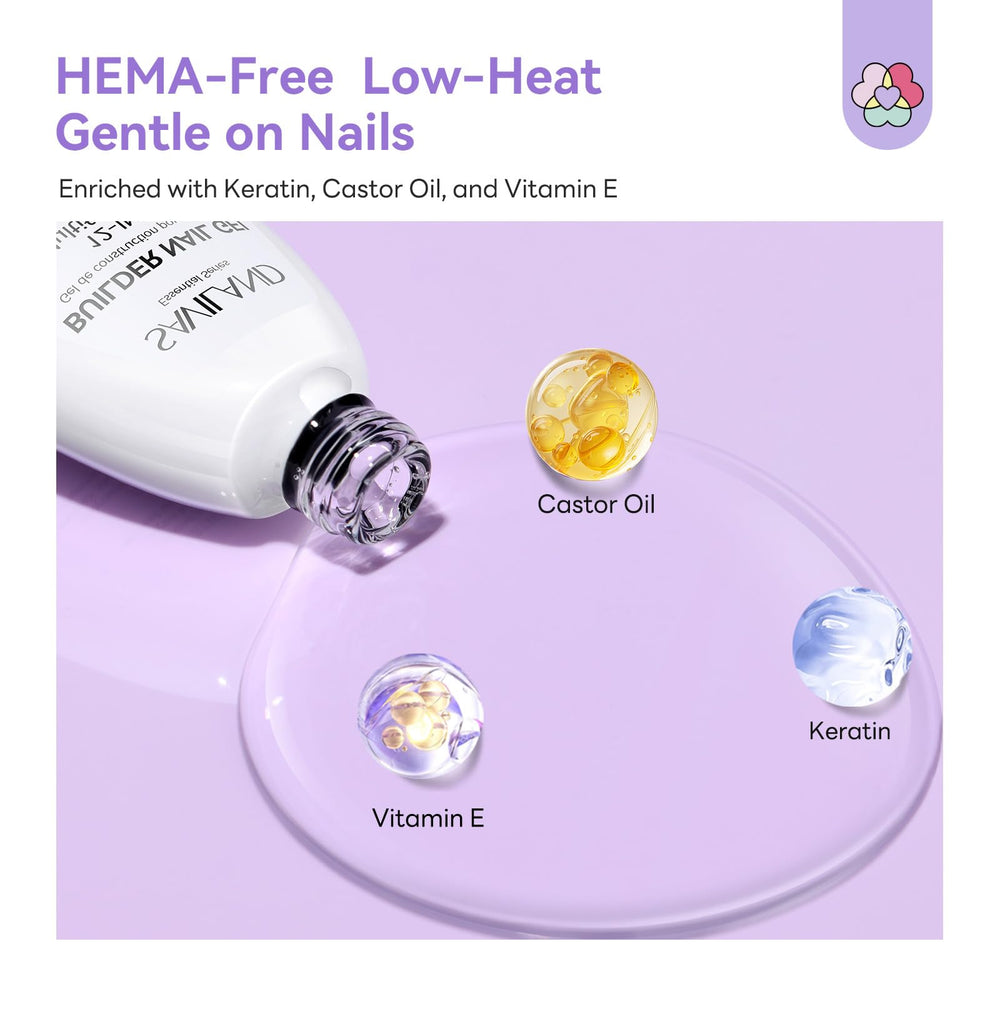Saviland bottle highlights HEMA-free formula with keratin and vitamin E.