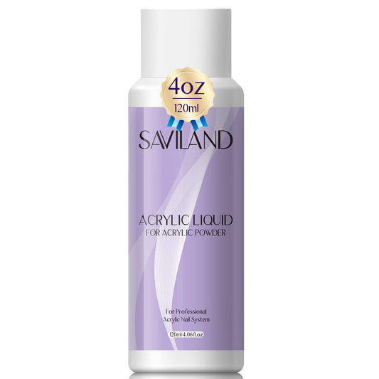 SAVILAND monomer acrylic liquid bottle close-up showing clear color and low odor.
