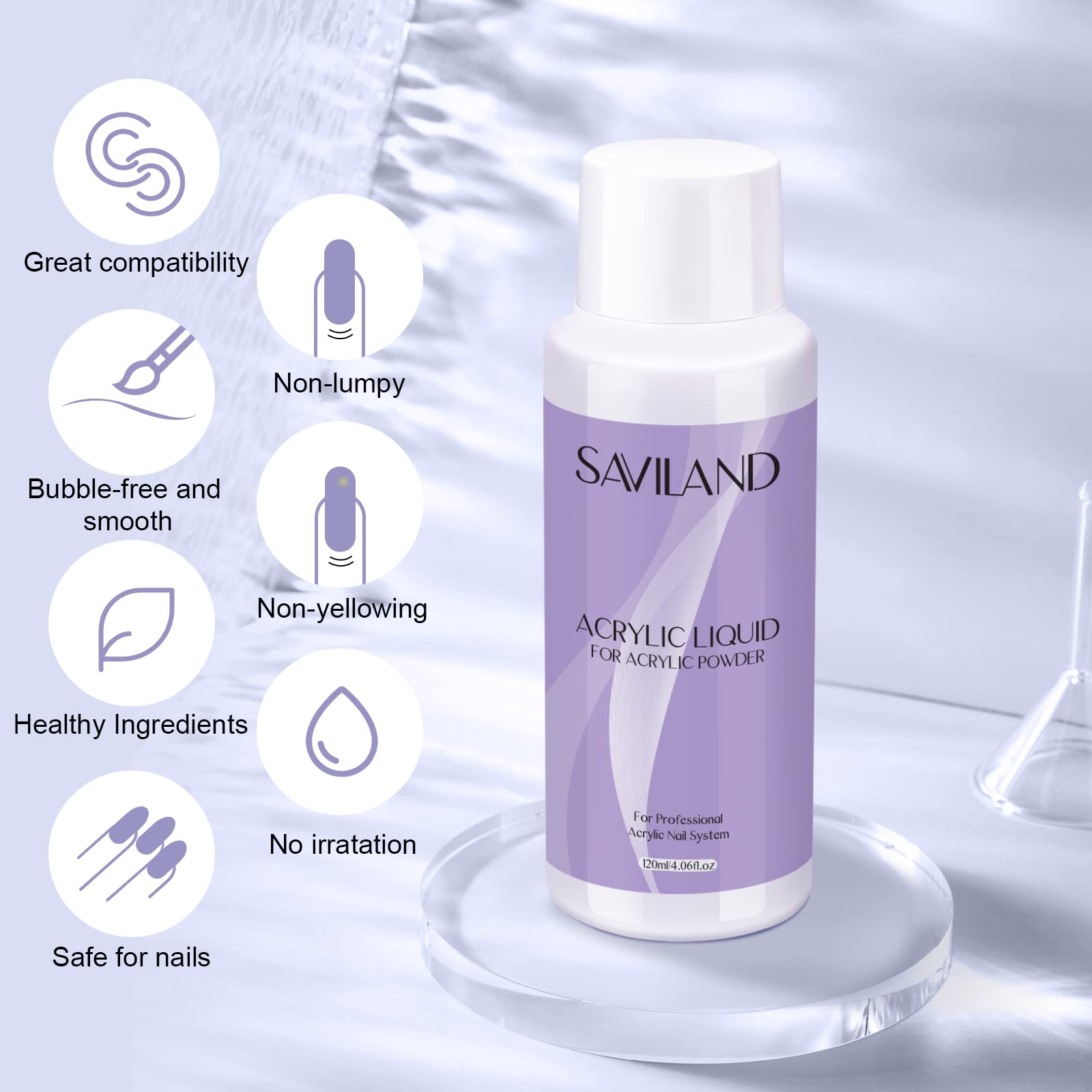 SAVILAND monomer acrylic liquid usage guide illustrating easy nail extension steps.