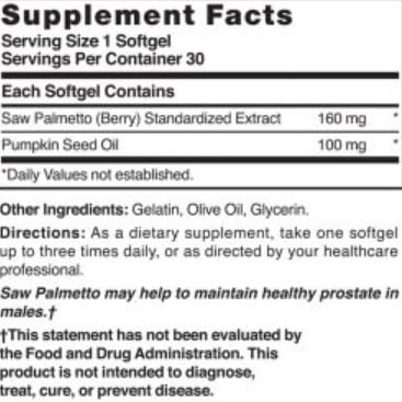 Product packaging for Saw Palmetto 160 mg 30 Softgels