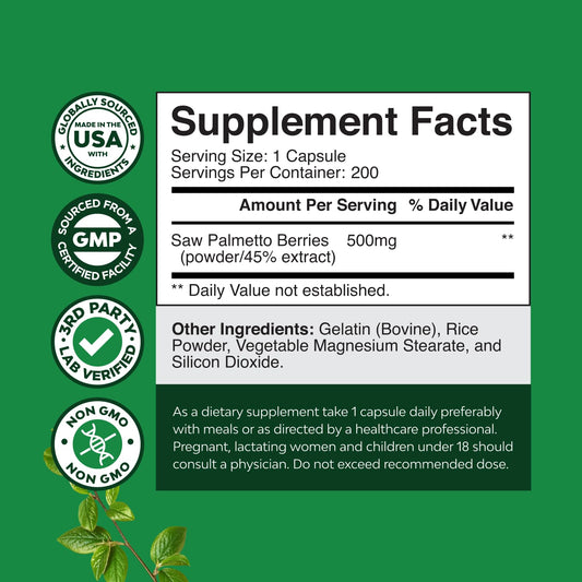 Label showing 500mg per serving on Saw Palmetto bottle