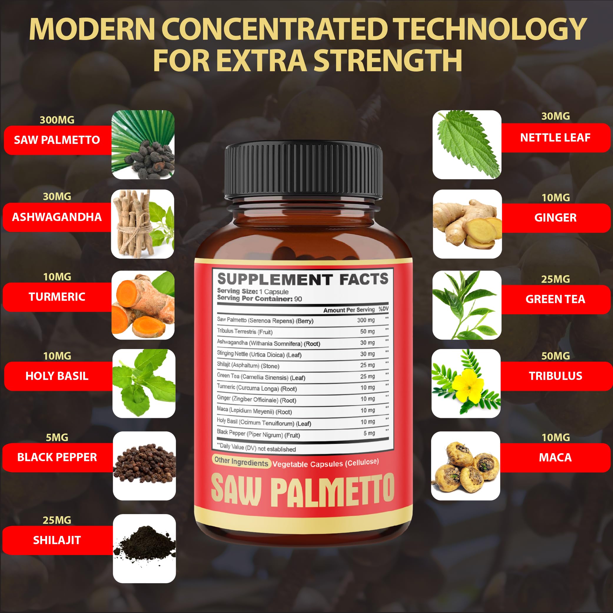 Ingredients blend including saw palmetto, ashwagandha, and turmeric