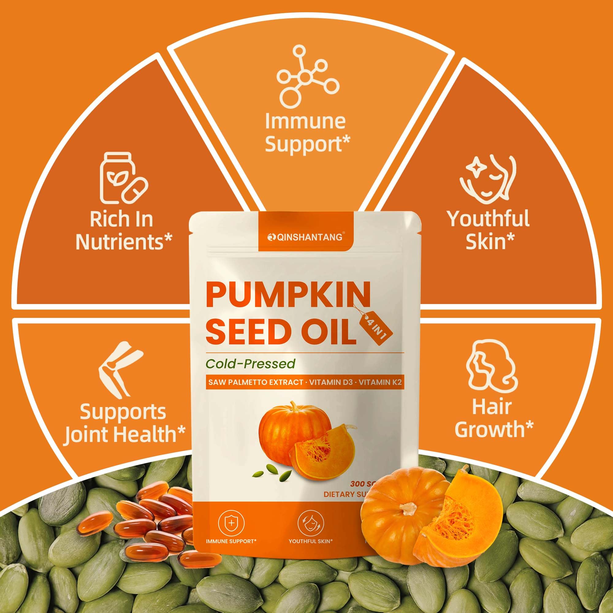 Illustration of hair health and bladder balance with pumpkin seed oil