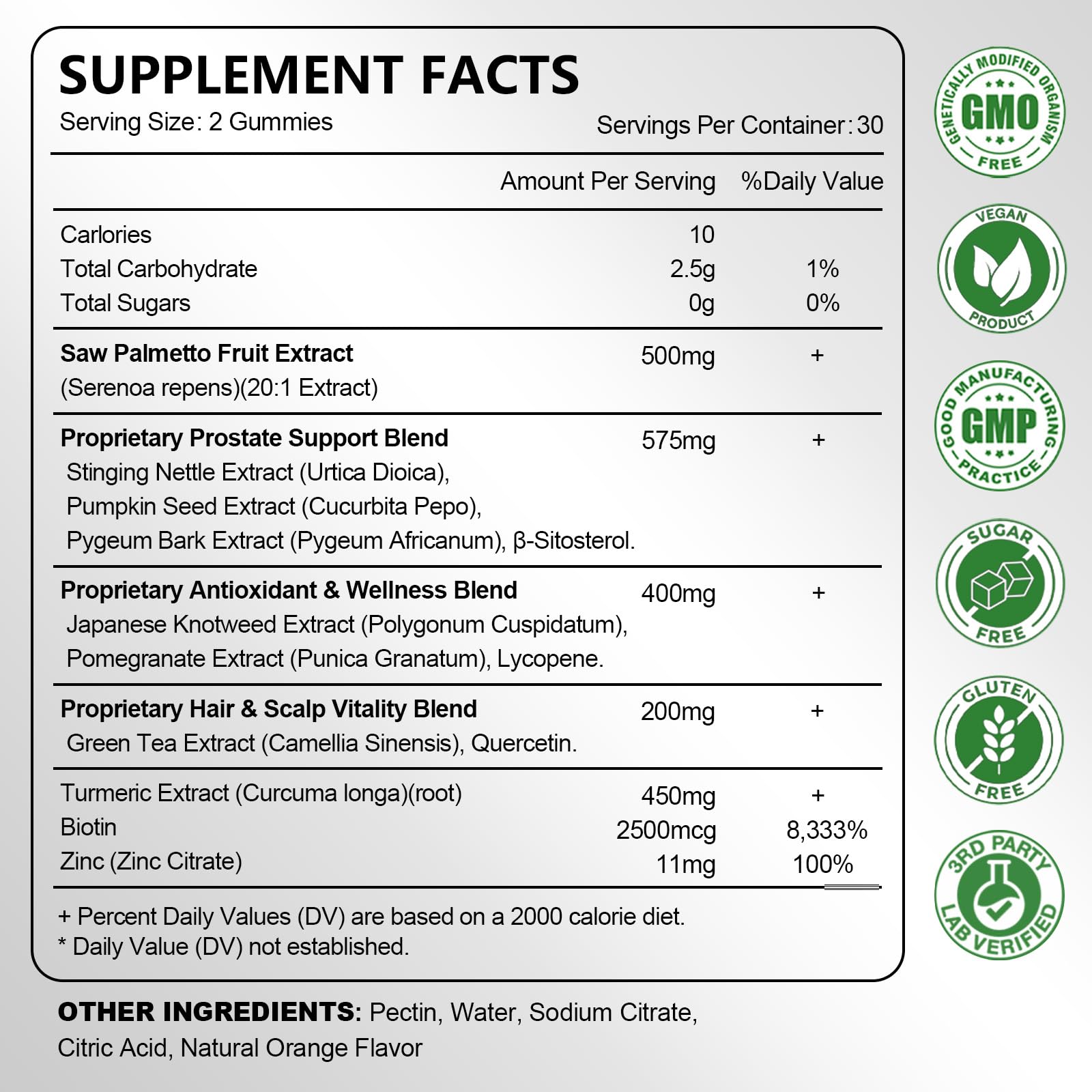 Ingredients include Saw Palmetto, Pumpkin Seed Oil, Biotin and Zinc