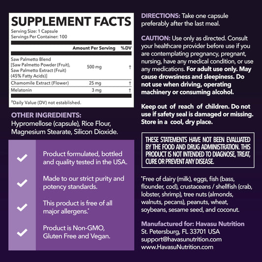 Saw Palmetto PM bottle with melatonin 3mg, side view