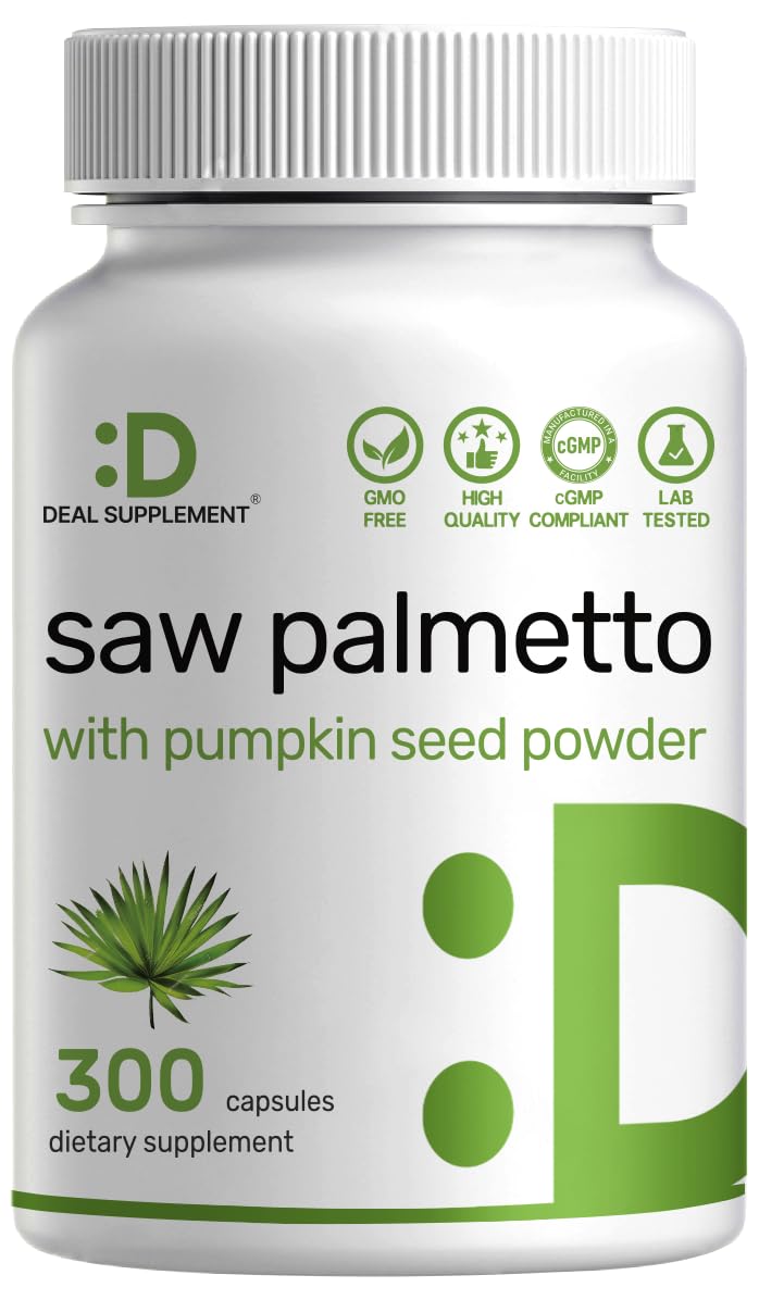 Front view of Saw Palmetto + Pumpkin Seed supplement bottle with 300 capsules