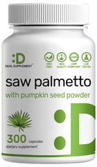 Front view of Saw Palmetto + Pumpkin Seed supplement bottle with 300 capsules