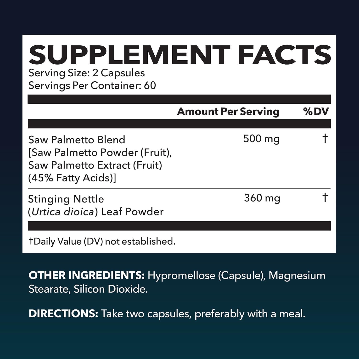 Front label of Saw Palmetto with Stinging Nettle capsules