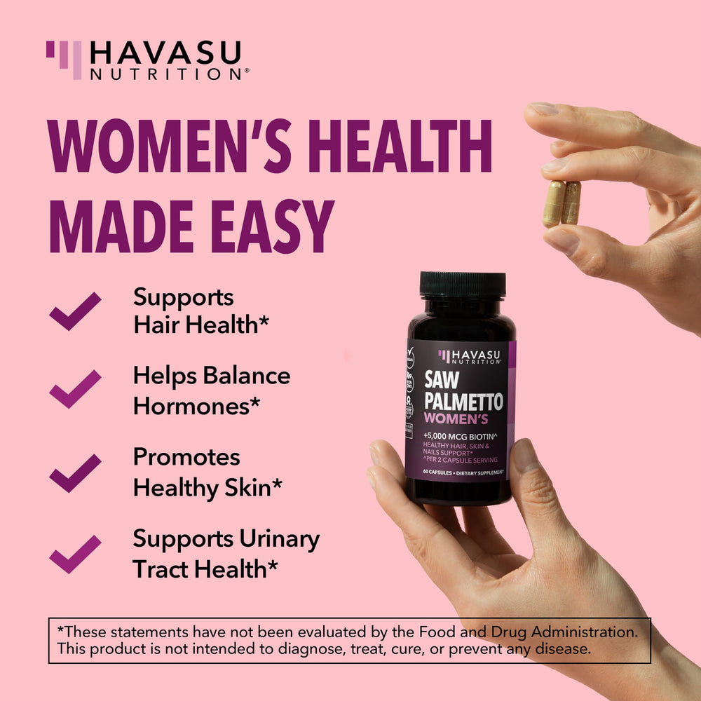 Front view of Saw Palmetto for Women with Biotin packaging