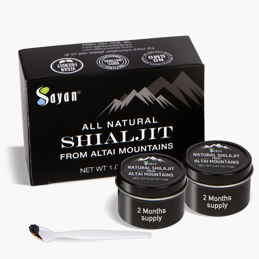 Sayan Pure Shilajit resin 30g with Altai Mountains backdrop
