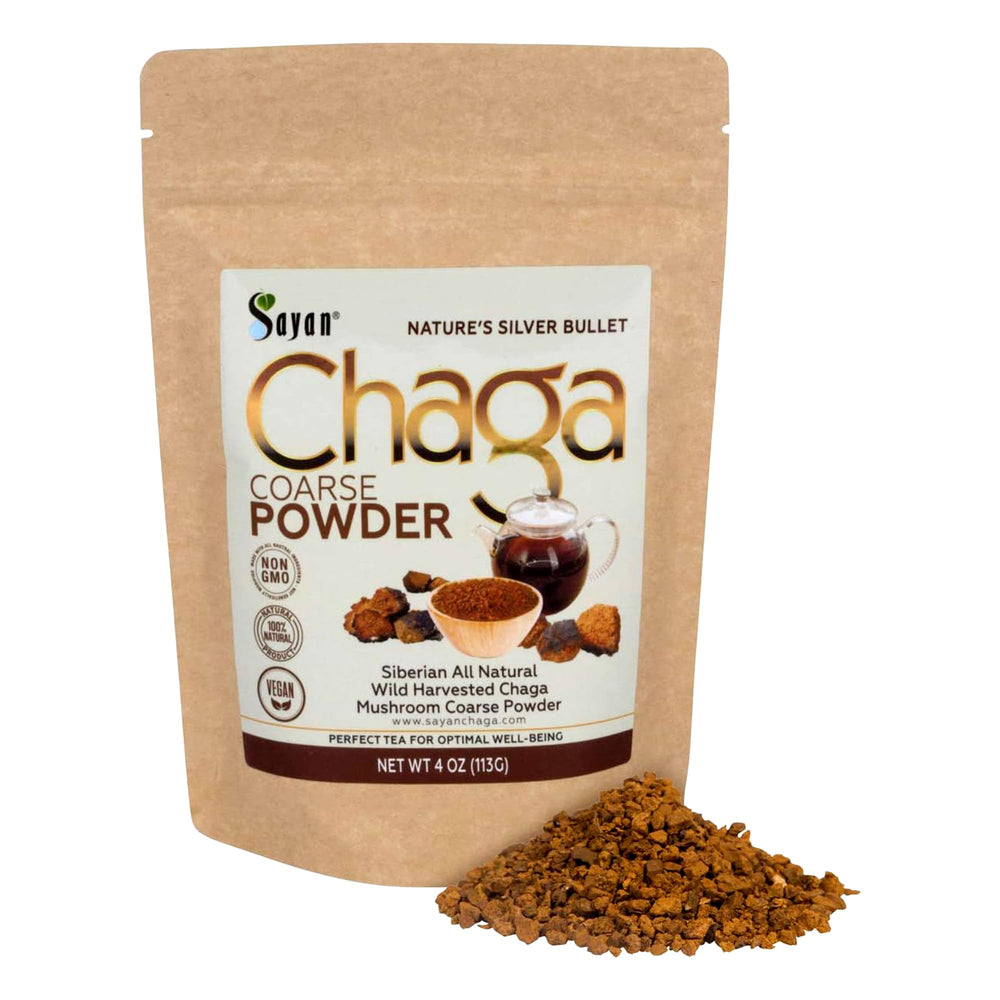 Front view of Sayan Siberian Pure Raw Coarse Chaga Powder 4 oz / 113 g