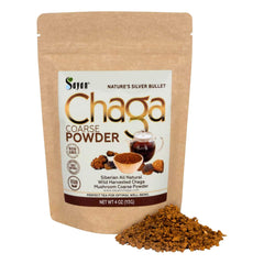 Front view of Sayan Siberian Pure Raw Coarse Chaga Powder 4 oz / 113 g