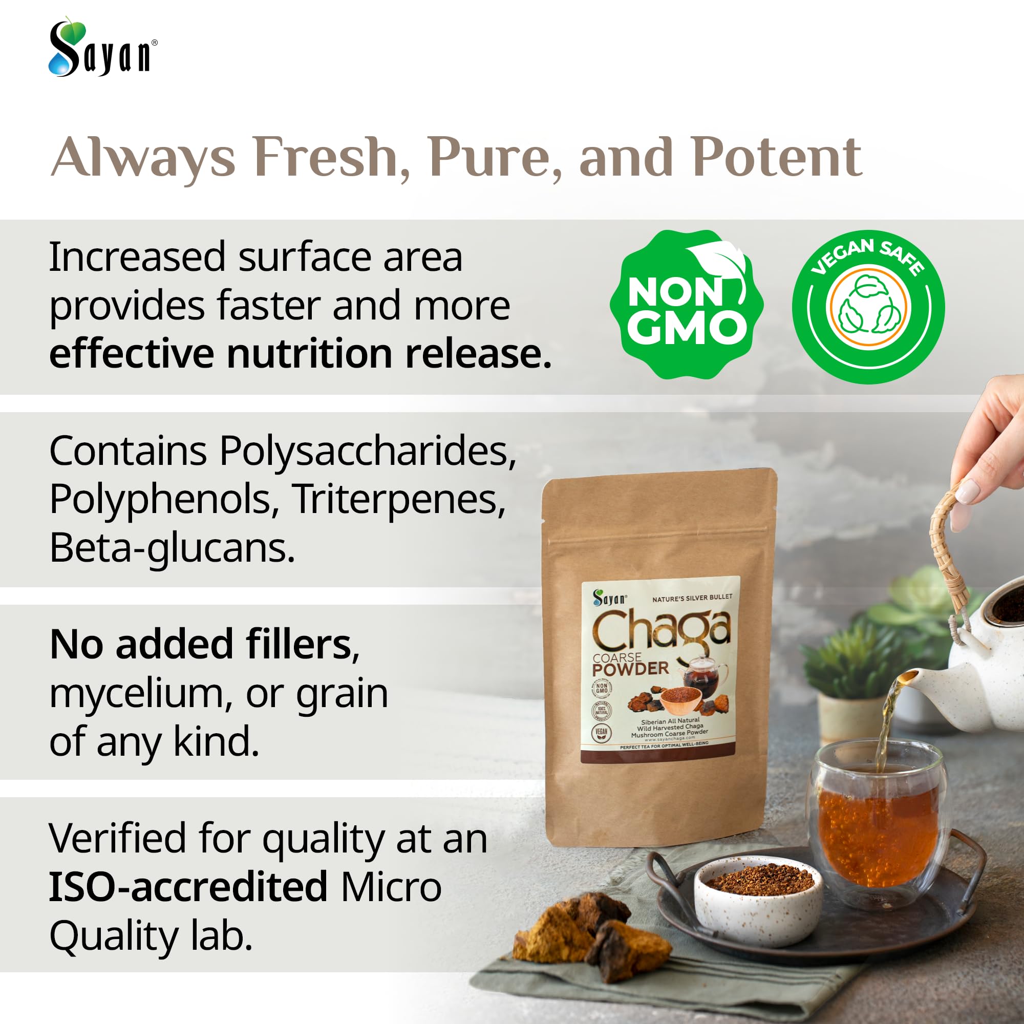 Non-GMO, gluten-free Chaga powder packaging label