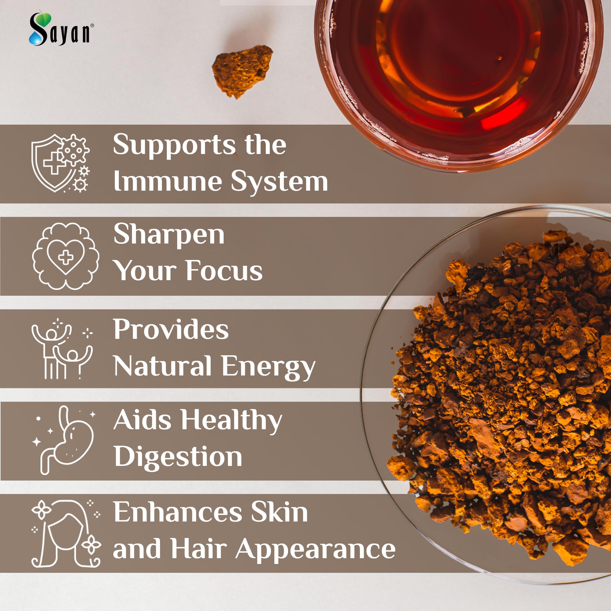 Sayan Siberian Chaga powder with natural ingredients on wood
