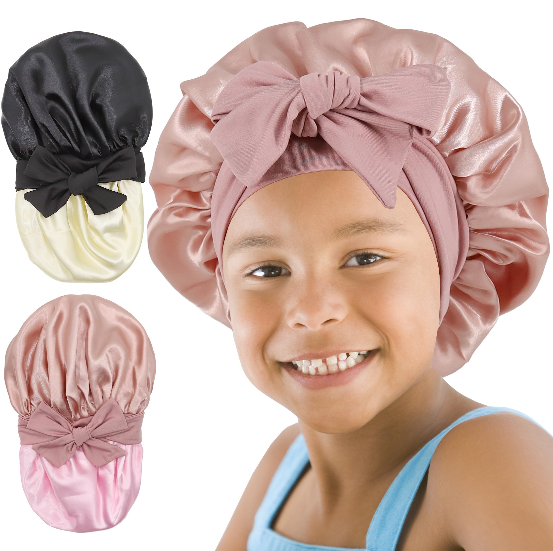 SAYMRE kids bonnet pink black front view preserves curls and adds cute style