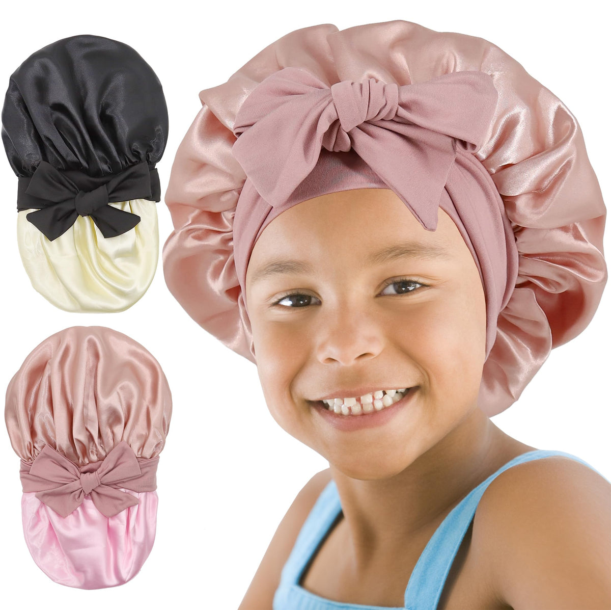 SAYMRE kids bonnet pink black front view preserves curls and adds cute style