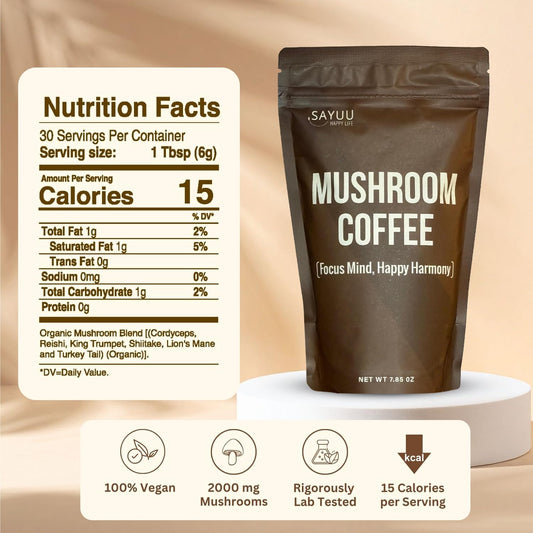 Close-up of SAYUU label highlighting vegan and mushroom ingredients
