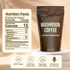 Close-up of SAYUU label highlighting vegan and mushroom ingredients
