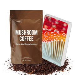 Ground mushroom coffee being scooped for a cup