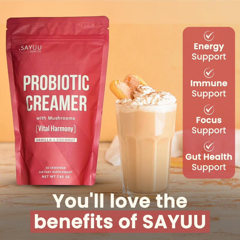 Cup with mushroom coffee and SAYUU Probiotic Creamer