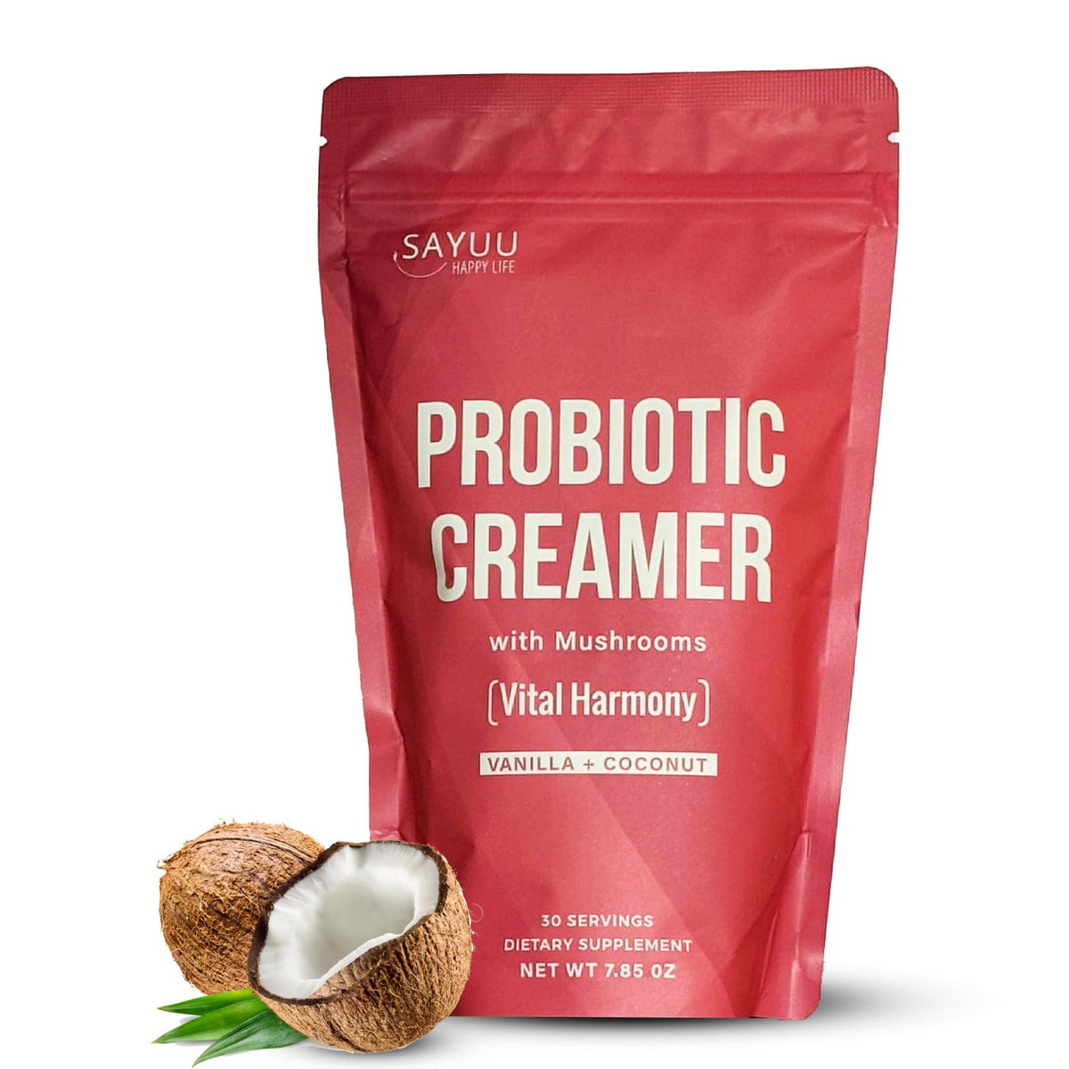 Front label of SAYUU Probiotic Creamer with vanilla coconut flavor