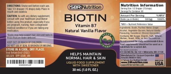 Front label of SBR Biotin Liquid Drops Vanilla