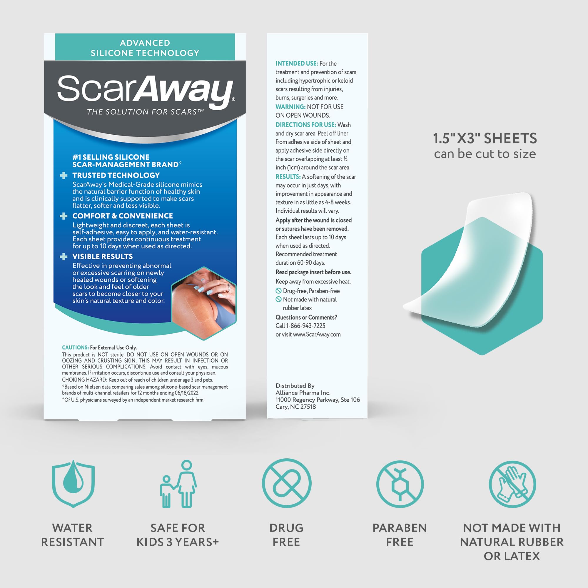 ScarAway six-sheet pack provides clear silicone coverage for diverse scar types.