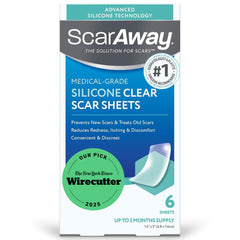 ScarAway Advanced Clear Silicone Scar Sheets box illustrates six sheets for scar management.